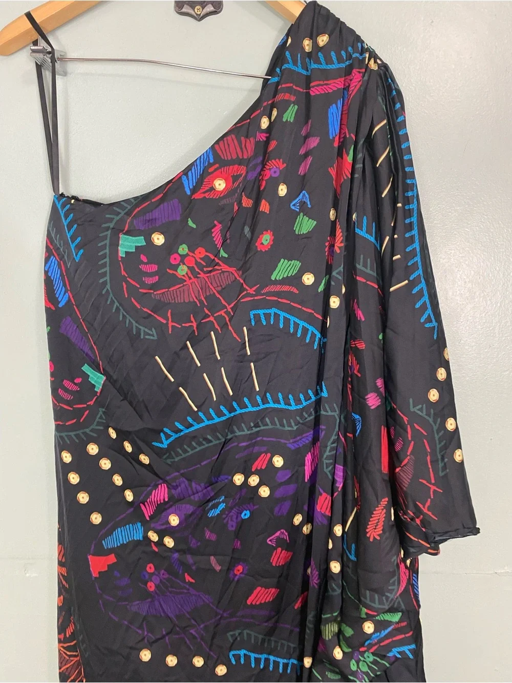 Hutch Printed One Shoulder Gown Maxi Dress Black Multi Artsy Vacation XL - Picture 9 of 9